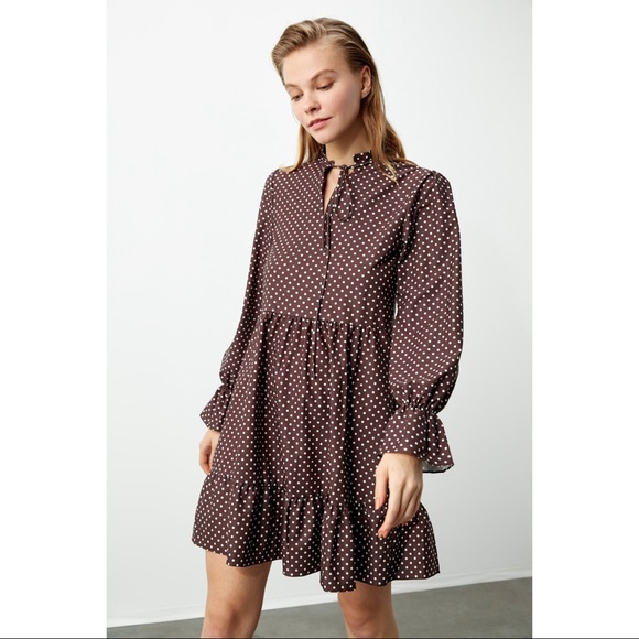 Comfy Babydoll Brown Dot Print Mini Tiered Dress - Picture 2 of 5